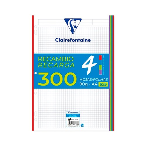 Recambio A4, 300 hojas, 90gr, cuadro 5mm con bandas de 5 colores vivos, CLAIREFONTAINE.