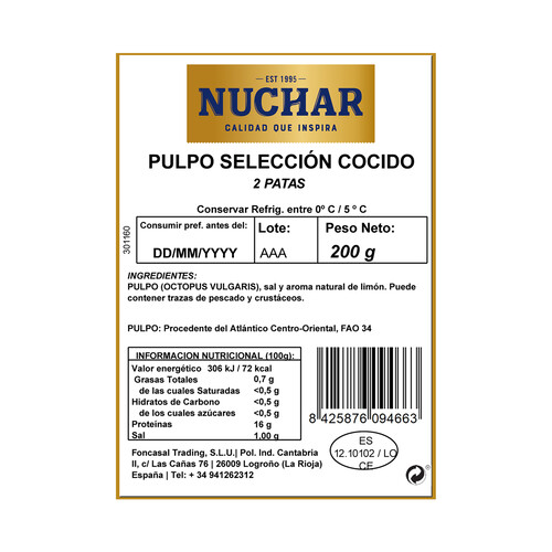 NUCHAR Patas cocidas de pulpo NUCHAR 200 g.