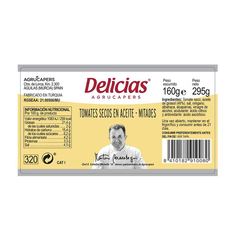 DELICIAS Tomates secos en aceite, mitades DELICIAS 160 g.