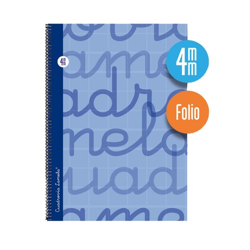 Cuaderno de espiral tamaño cuarto con 80 hojas de cuadrovía 4mm. Cubierta extra dura color azul. EDITORIAL LAMELA.