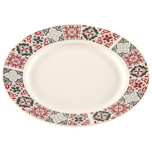 Plato redondo de postre fabricado en porcelana modelo Hidra con ala decorada, 27cm., VERSA.