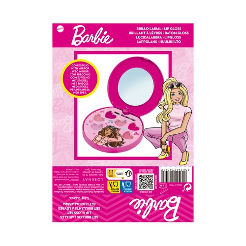 BARBIE Polvera con espejo, aplicador y diferentes brillos de labios.