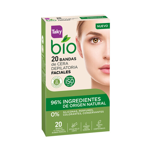 Bandas bio compostables de cera depilatoria faciales TAKY Bio 20 uds.