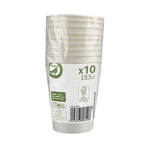 Set de 10 vasos de cartón blanco, 0,18 litros, ACTUEL.