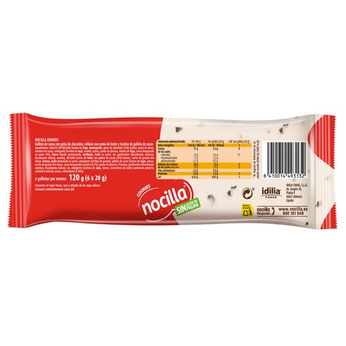 NOCILLA Galletas cookies rellenas de crema de cacao y leche 6 uds, 120 g.