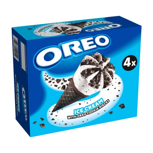 OREO Cono con barquillo de chocolate y helado de nata con trocitos de galleta 4 x 110 ml.
