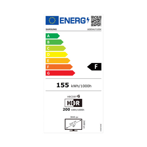 Televisión 215,9cm (85") LED SAMSUNG UE85AU7105KXXC 4K, HDR10+, SMART TV, WIFI, BLUETOOTH, TDT T2, USB reproductor, 2HDMI, 2000HZ.