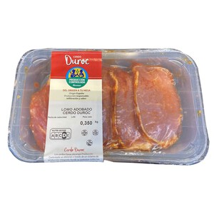Bandeja con filetes de lomo adobado de cerdo raza Duroc ALCAMPO PRODUCCIÓN CONTROLADA 350 g.