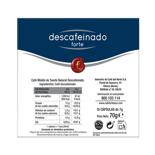 FORTALEZA Café en cápsulas descafeinado Forte I10, 10 uds.