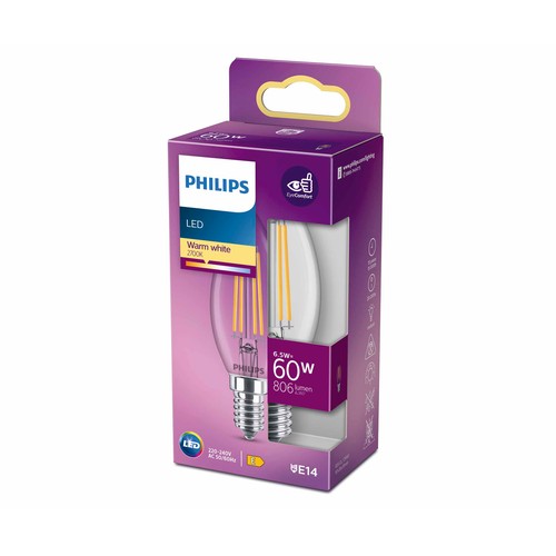 Bombilla Led E14, 6,5W=60W, luz cálida 2700K, PHILIPS.