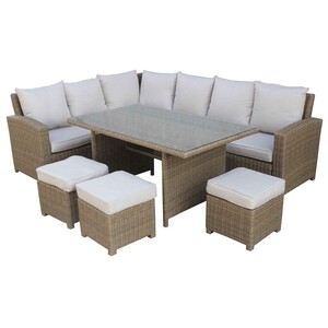 Conjunto de  muebles de jardín 9 plazas con 2 sofás, 3 taburetes y mesa de aluminio y ratán color marrón/blanco, incluye cojines, Estocolmo KACTUS.