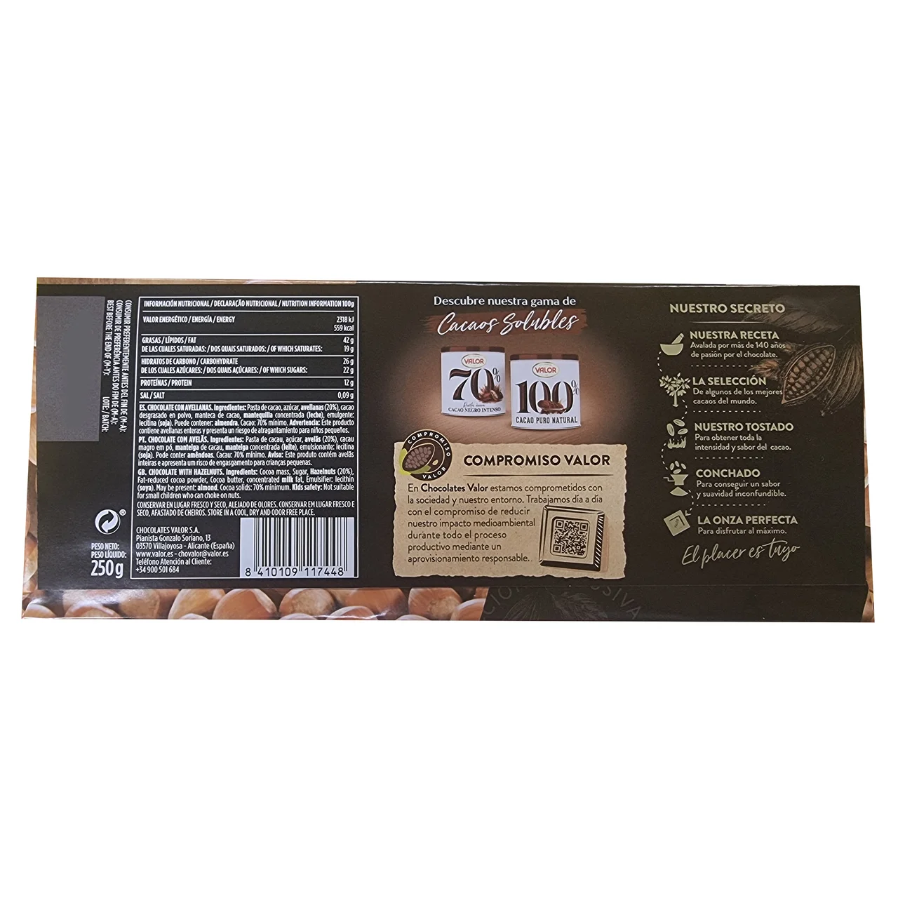Chocolate negro con avellanas enteras 70% cacao sin gluten 250 g.