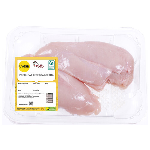 Pechuga de pollo blanco, abierta y fileteada Bandeja
