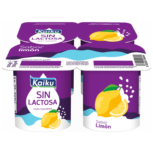 KAIKU Yogur elaborado sin lactosa y con sabor a limón 4 x 125 g.