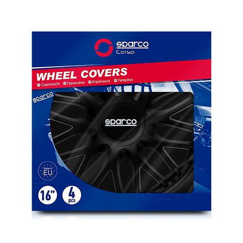 Juego de 4 tapacubos SPARCO ROMA para ruedas de 16", color negro.
