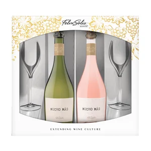 MUCHO MÁS Estuche con botella de vino blanco espumoso (75 cl) y vino rosado espumoso (75 cl)..