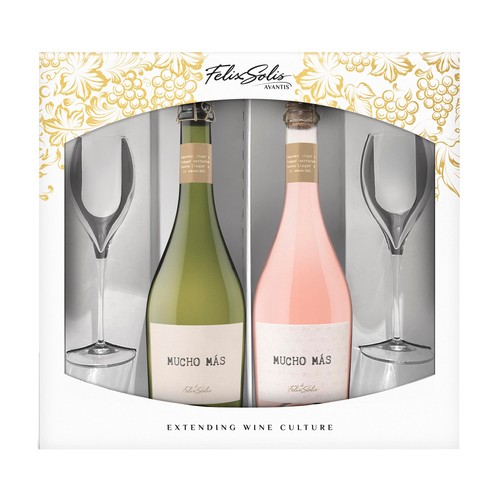MUCHO MÁS Estuche con botella de vino blanco espumoso (75 cl) y vino rosado espumoso (75 cl)..