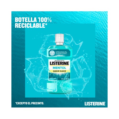LISTERINE Enjuague bucal de uso diario sin alcohol con sabor suave a mentol 500 ml.
