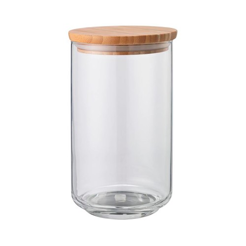 Bote de vidrio con tapa de madera, capacidad 0,9 litro, H: 21,5cm, A: 8,3cm,  ACTUEL.
