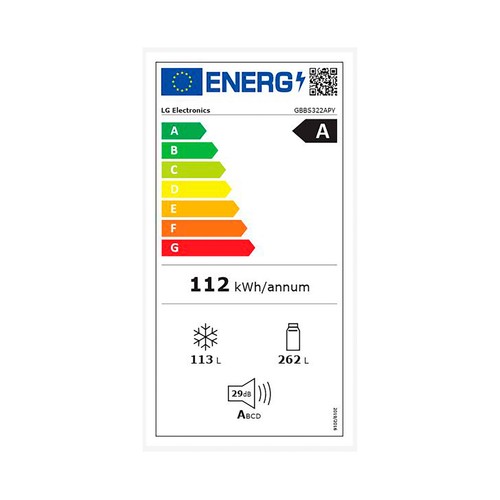 Frigorífico combi 203cm LG GBBS322APY Inox antihuellas NO FROST, clasificación energética: A, H: 203cm, A: 59,7cm, F: 67,5cm, capacidad total: 375L.