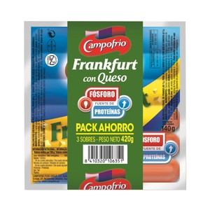 Imagen de CAMPOFRÍO Salchichas cocidas tipo Frankfurt de pollo, pavo y cerdo con queso CAMPOFRIO 3 x 140 g.