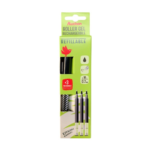 Bolígrafo tinta borrable negro con 3 recambios, ALCAMPO.