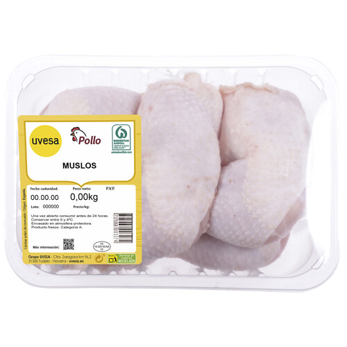 Muslos de pollo blanco, limpios y con piel Bandeja