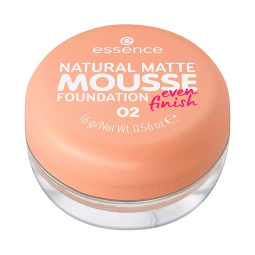ESSENCE Natural matte mousse tono 02 Base de maquillaje mousse, cobertura media, aspecto mate natural.
