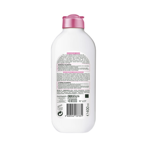 GARNIER Agua micelar desmaquillante con leche hidratante, especial para pieles secas y sensibles GARNIER Skin active 400 ml.