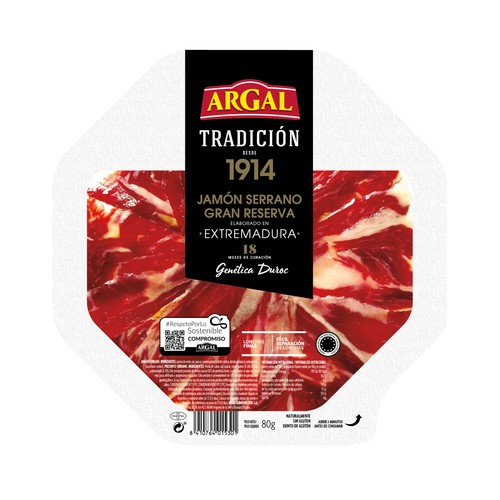 Jamón serrano gran reserva (18 meses de curación), cortado en lonchas finas ARGAL Tradición 80 g.