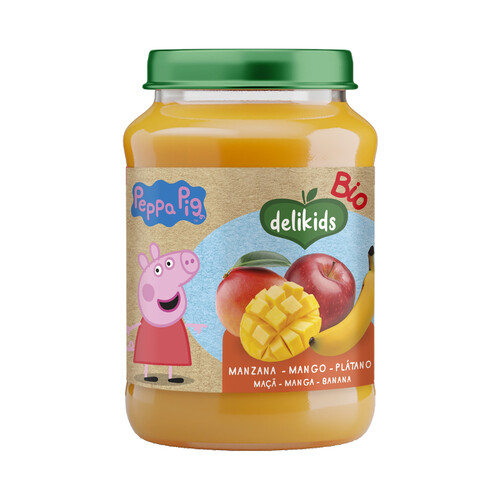 DELIKIDS Bio Peppa pig Tarrito de frutas ecológicas (manzana, mango y plátano), a partir de 6 meses 190 g.