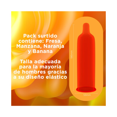 DUREX Preservativos lubricados con sabores (fresa, plátano, naranja y manzana) DUREX Saboréame 12 uds.