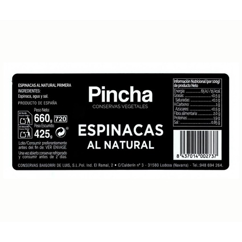 PINCHA Espinacas al natural 425 g.