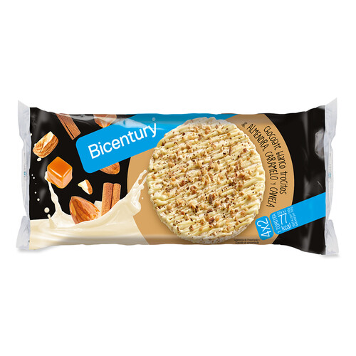 Tortitas de arroz con chocolate blanco y trocitos de almendra, caramelo y canela 4x2 BICENTURY 138 g.