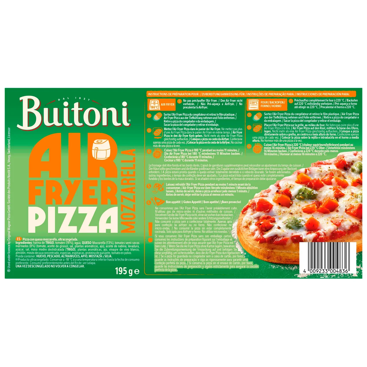 Air fryer Pizza congelada con queso Mozzarella, especial freidora de aire 195 g.