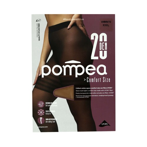 Panty transparente mate cómodo con fibra de Lycra, 20den, POMPEA, color ambrato, talla 3XL.
