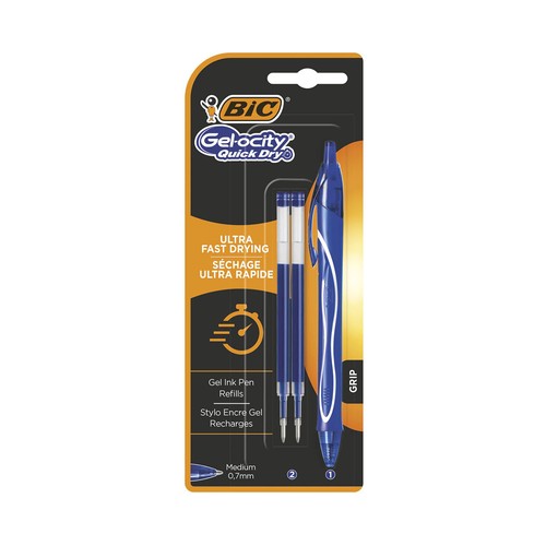 Pack de bolígrafo tinta gel color azul mas 2 recargas, BIC GEL-OCITY.