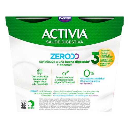 ACTIVIA Triple zero de Danone Bífidus desnatado (0% materia grasa) natural, sin lactosa 4 x 120 g.