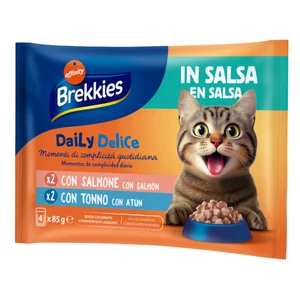 BREKKIES Alimento de gato húmedo salsa salmón y atún 85gr X4