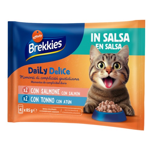 BREKKIES Alimento de gato húmedo salsa salmón y atún 85gr X4