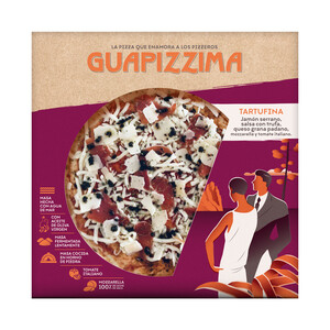 GUAPIZZIMA Pizza refrigerada de jamón serrano, queso Grana Padano, mozarella, tomate italiano y salsa de trufa GUAPIZZIMA 400 g.