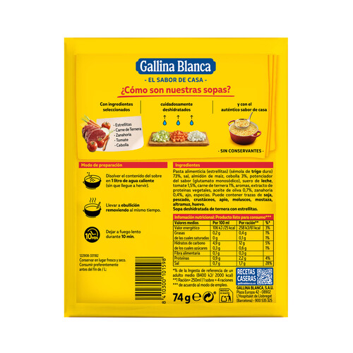 GALLINA BLANCA Sopa de ternera con estrellitas GALLINA BLANCA sobre de 74 g.