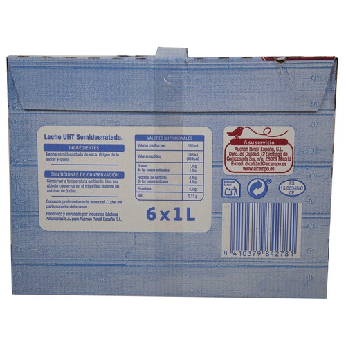 PRODUCTO ALCAMPO Leche semidesnatada de vaca PRODUCTO ALCAMPO 6 x 1l.