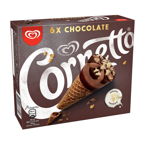 CORNETTO Conos de helado de chocolate, con trocitos de chocolate blanco CORNETTO de Frigo 6 x 90 ml.
