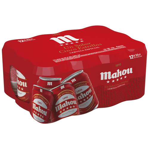 MAHOU 5 ESTRELLAS Cervezas pack de 12 latas de 33 cl.