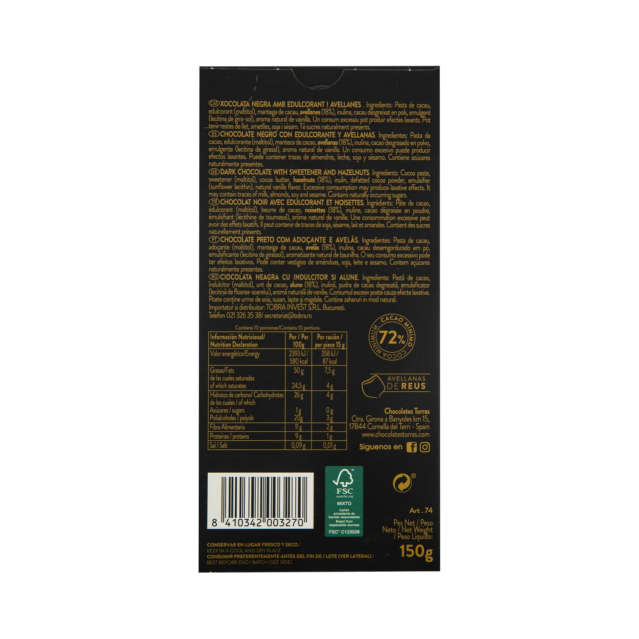 Chocolate negro con avellanas 150 g.