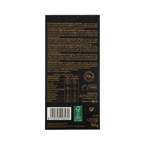 TORRAS Chocolate negro con avellanas 150 g.