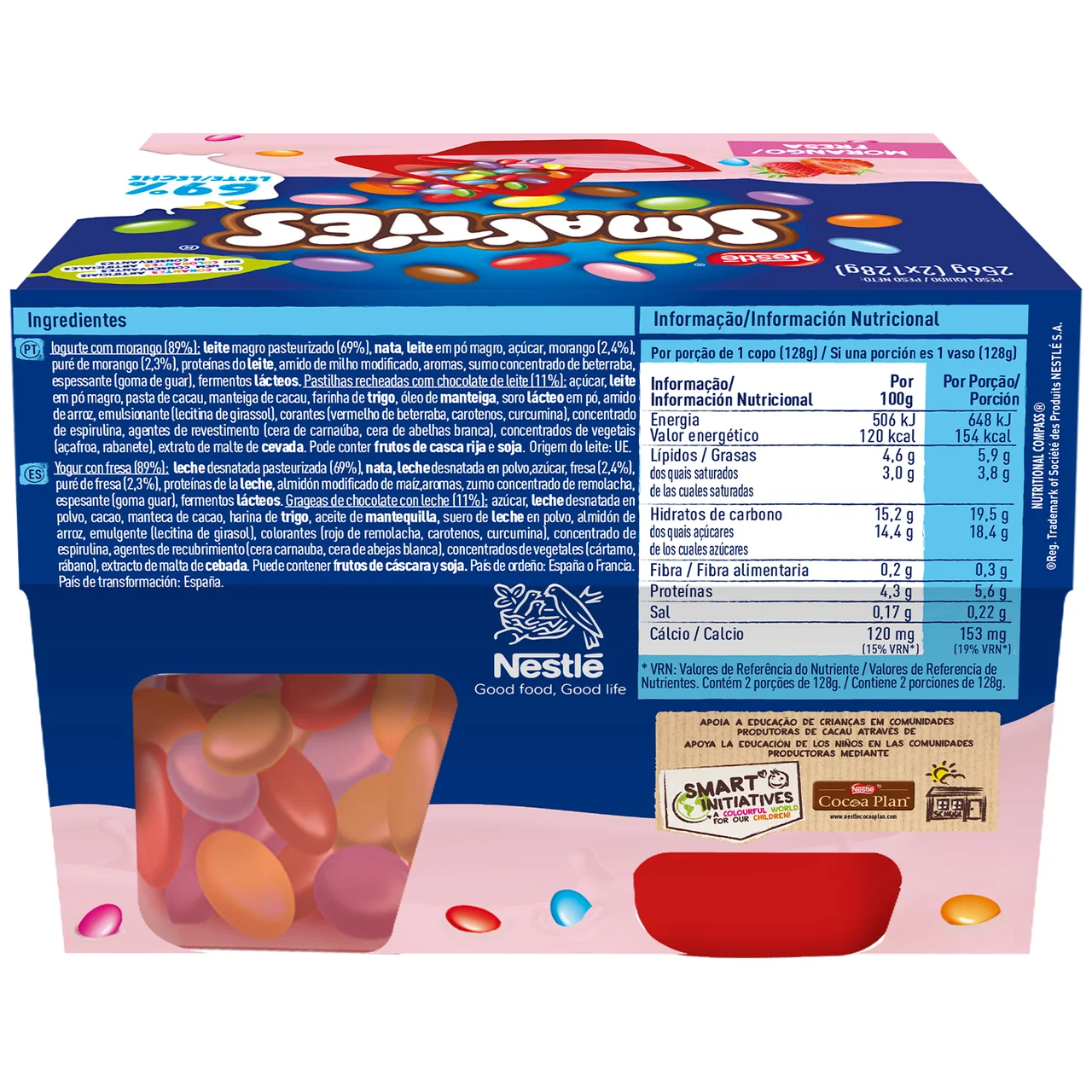 Yogur azucarado de fresa con grageas de chocolate con leche Smarties mix-in 2 x 128 g.