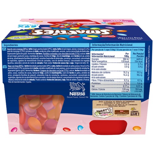 NESTLÉ Yogur azucarado de fresa con grageas de chocolate con leche Smarties mix-in 2 x 128 g.