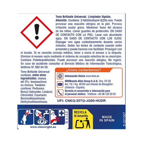 TENN Brillante Limpiahogar universal de secado rápido con bioalcohol 1250 ml.